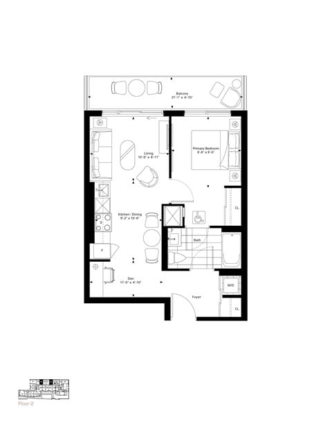 Floor plan for 1 bed, 1 bath, 594 sqft